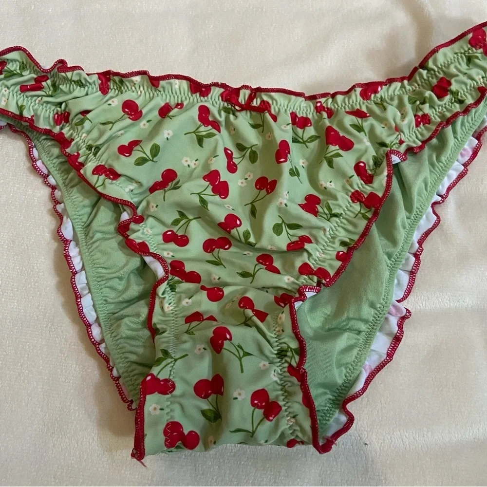 New! Frankie's Bikinis X PINK hudson Green Cherry Print Bikini Bottom 1543